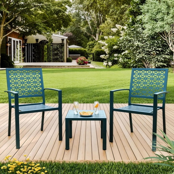 3 Piece Outdoor Patio Table and Chairs Set Small Bistro Table and Chairs Set of 2 Coffee Table Balcony Furniture Sets for Apartments Outside Bistro Dining Sets for Backyard/Porch/Deck/Pool (Blue)