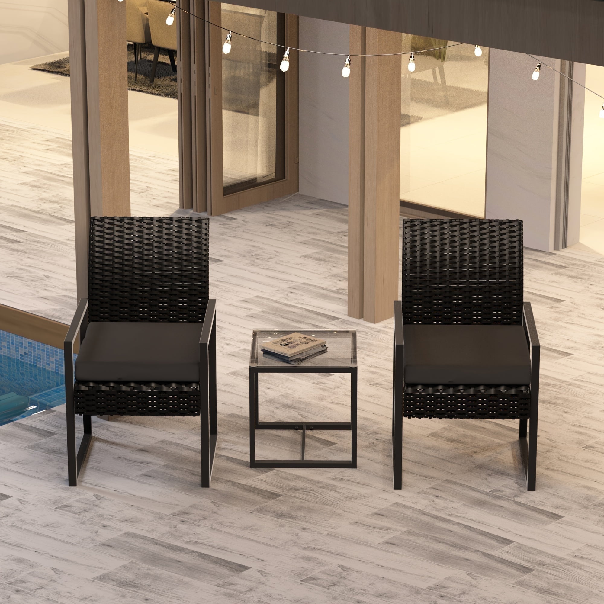 Junkai 3 Piece Metal Outdoor furniture Sets with 2 Single Seats and 1 Coffee Table, Black/Black