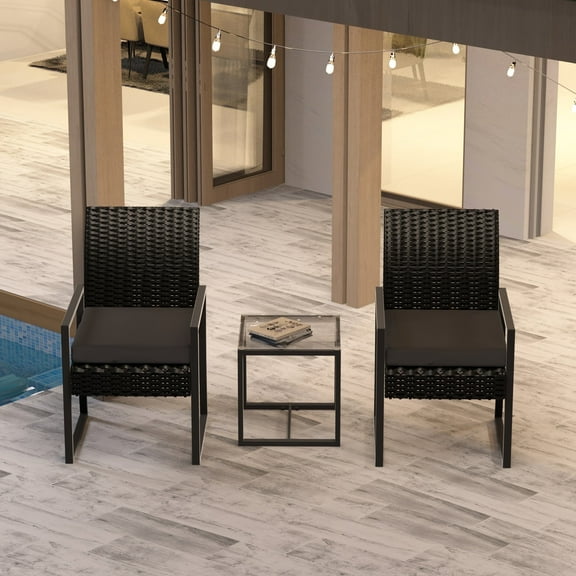 Junkai 3 Piece Metal Outdoor furniture Sets with 2 Single Seats and 1 Coffee Table, Black/Black