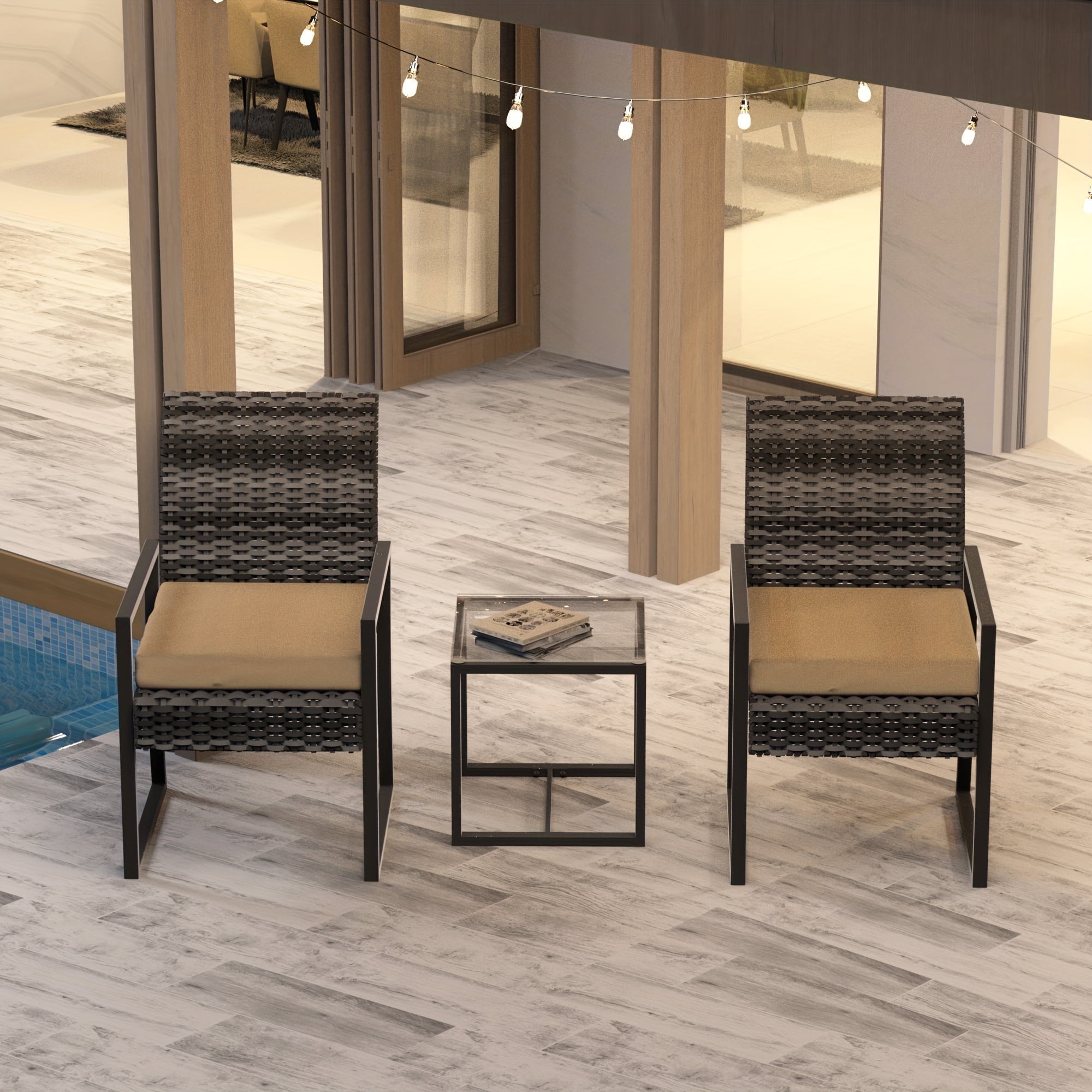 Junkai 3-Piece Metal Outdoor Bistro Sets with 2 Single Seats and 1 Coffee Table, Black/Beige