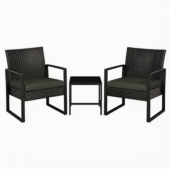 3-Piece Outdoor Rattan Patio Bar Set, 2 Wicker Chairs with Waterproof Cushions & Square Side Table, Fixed-Leg Bistro Seating