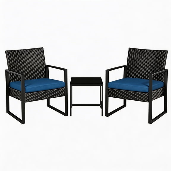 3-Piece Outdoor Rattan Patio Bar Set, 2 Wicker Chairs with Waterproof Cushions & Square Side Table, Fixed-Leg Bistro Seating