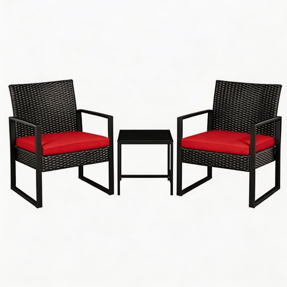 3-Piece Outdoor Rattan Patio Bar Set, 2 Wicker Chairs with Waterproof Cushions & Square Side Table, Fixed-Leg Bistro Seating