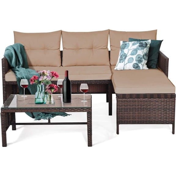 3-Piece Outdoor Rattan Sectional Sofa Set Patio Wicker Rattan Conversation Furniture Set, Steel Frame & Seat Cushion, Perfect for Garden Lawn Pool Backyard