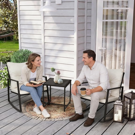 3 Piece Outdoor Rocking Bistro Set Black Wicker Furniture Porch Chairs Conversation Sets with Glass Coffee Table, Beige
