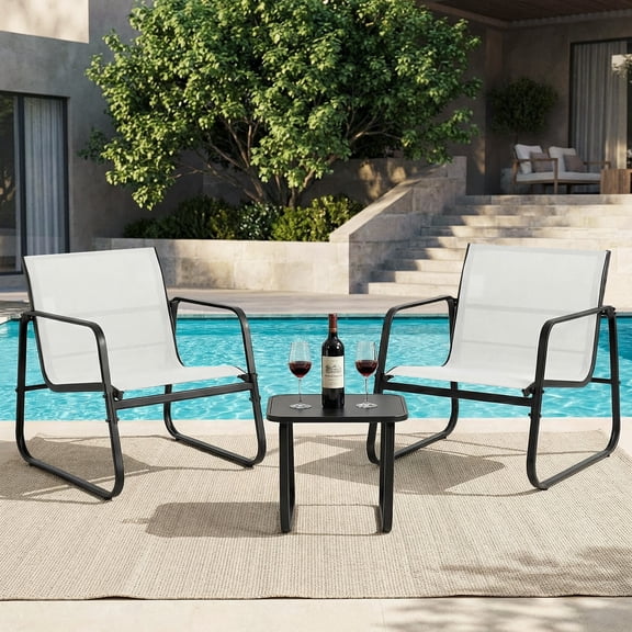 3-Piece Outdoor Patio Bistro Set, Modern All-Weather Stationary Chairs with Tempered Glass Side Table, Sturdy U-Shaped Metal Frame Furniture Set for Balcony, Porch, Garden