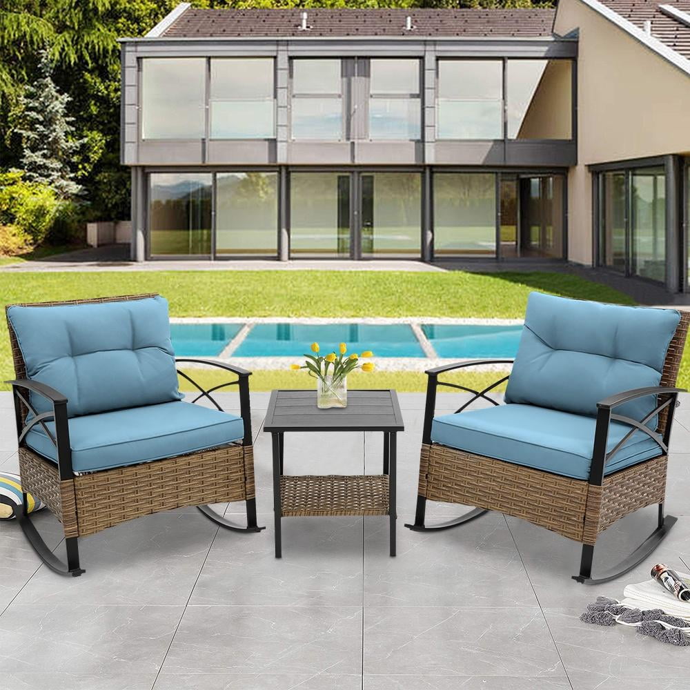 Barbary 3-Piece Brown Rattan Patio Rocking Bistro Set with Blue Cushions