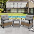 thumbnail image 1 of 3 Piece Outdoor Rocking Bistro Set, PE Rattan Steel Top Table and Rocking Chairs Set, Outdoor Conversation Set with Cushions for 2 Persons, All-weather Bistro Set for Patio, Pool, Balcony, Pub, Cafe, 1 of 9