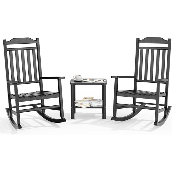 3 Piece Outdoor Rocking Bistro Set, Rocking Chairs Outdoor Furniture, Resin Waterproof Sun-Proof Patio Furniture Set for Garden, Pool, Backyard3, Black