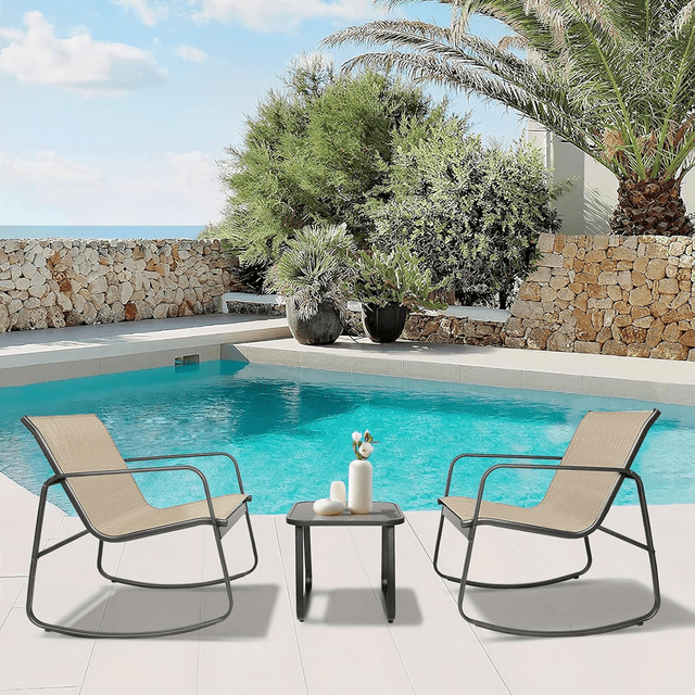 3 Piece Outdoor Rocking Bistro Set Textilene Fabric Small Furniture Set