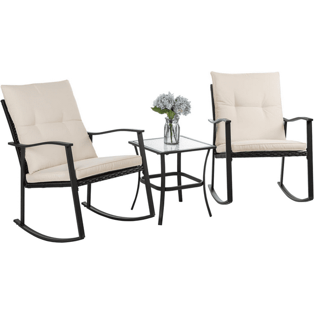 3 Piece Outdoor Rocking Bistro Set Textilene Fabric Small Patio