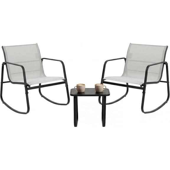 3 Piece Outdoor Rocking Bistro Set, Textilene Fabric Small Patio Furniture Set with Glass Table, Front Porch Rocker Chairs Conversation Set for Lawn, Garden, Balcony, Poolside, Light Gray