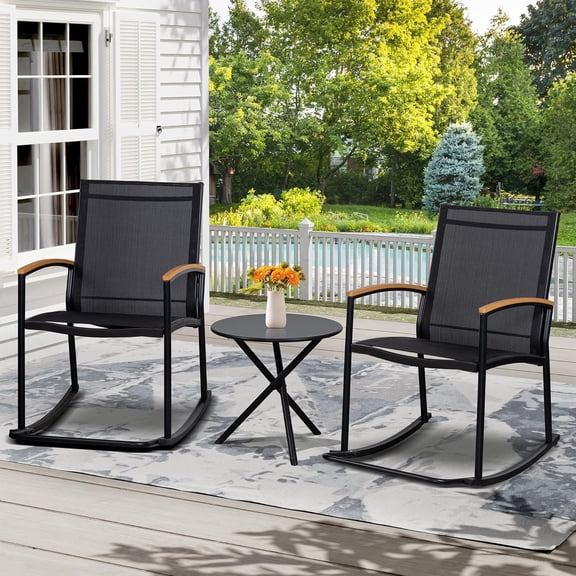 3-Piece Outdoor Rocking Bistro Set with Textilene Fabric Chairs and Round Table for Porch, , Garden, Lawn, Balcony - Black