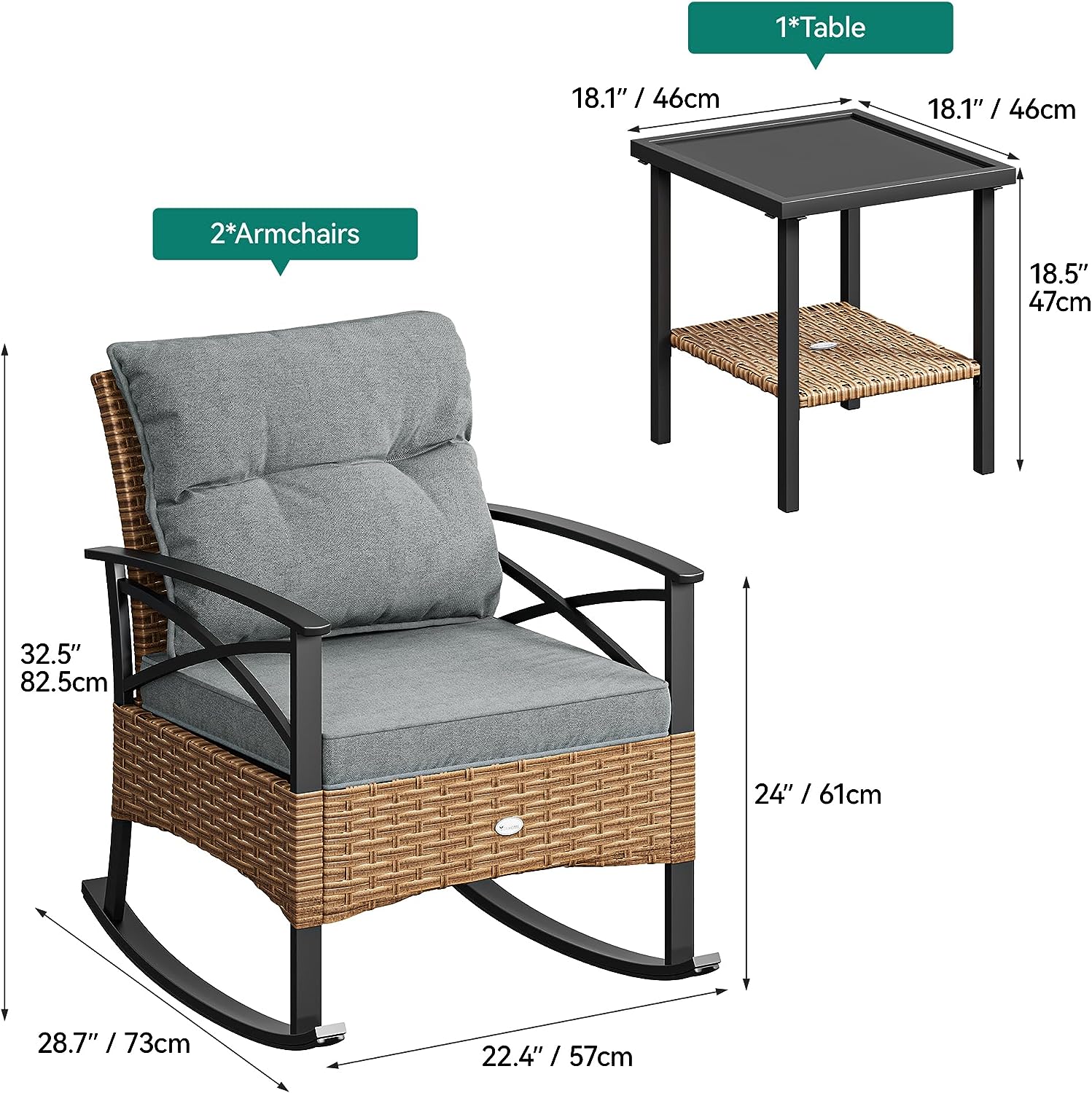 3Piece Outdoor Rocking Chair Bistro Set, Patio Wicker Rocking Chair