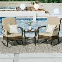 3 Piece Outdoor Rocking Chair,Rattan Patio Conversation Chair, Wicker Bistro Set with Side Table & Cushion, Beige