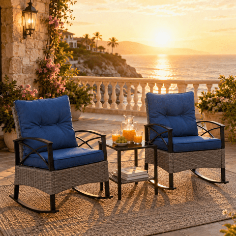 3 Pieces Patio Outdoor Conversation Set, Patio Furniture Bistro Set with 2-Tier Coffee Table, PE Wicker Rocking Chairs with Blue Cushions for for Backyard Porch Poolside