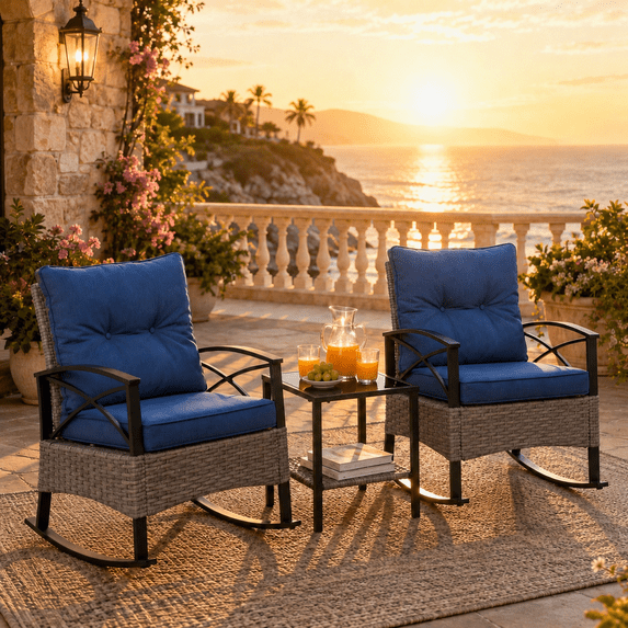 3 Pieces Patio Outdoor Conversation Set, Patio Furniture Bistro Set with 2-Tier Coffee Table, PE Wicker Rocking Chairs with Blue Cushions for for Backyard Porch Poolside