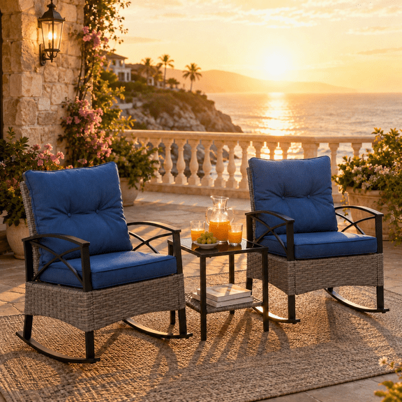 3 Pieces Patio Outdoor Conversation Set, Patio Furniture Bistro Set with 2-Tier Coffee Table, PE Wicker Rocking Chairs with Blue Cushions for for Backyard Porch Poolside