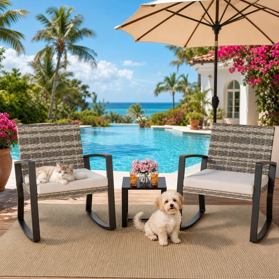 3 Piece Outdoor Rocking Chairs Set with Glass Table, All-Weather Patio Furniture Set for Porch, Poolside, Backyard, Light Gray
