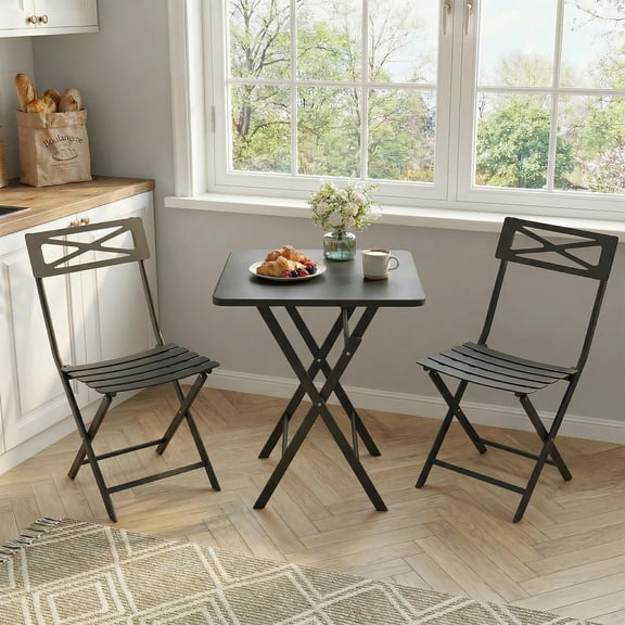 3-Piece Outdoor Square Bistro Set, Black Iron Tube Patio Furniture with Square Table & 2 Chairs, Foldable Steel, Space-Saving for Small Spaces, Deck/Porch/Garden