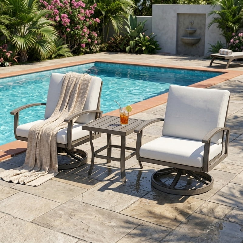 Howcool 3-Piece Outdoor Swivel Chairs with Side Coffee Table, All-Weather Aluminum Dining Chairs with Cushion