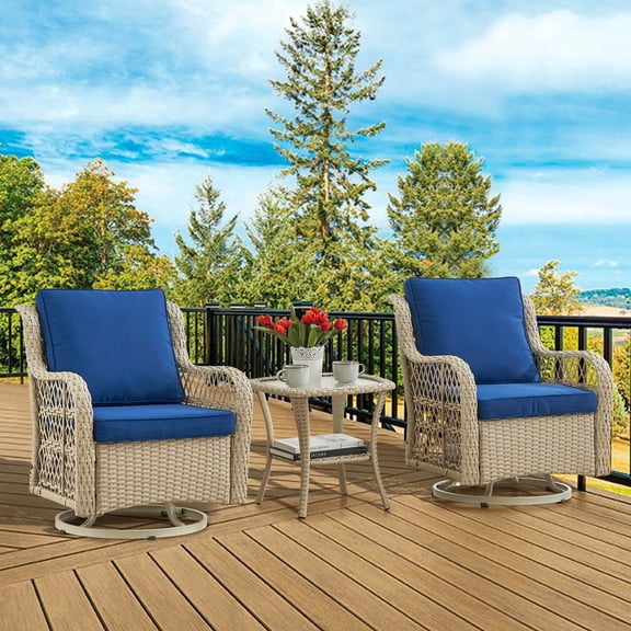 3 Piece Outdoor Swivel Rocker Chair Set of 2 with Side Table, 360° Rotating Patio Rocking Chairs, Wicker Rattan Bistro Set with Washable Cushions & Tempered Glass Top for Patio Porch Pool Balcony