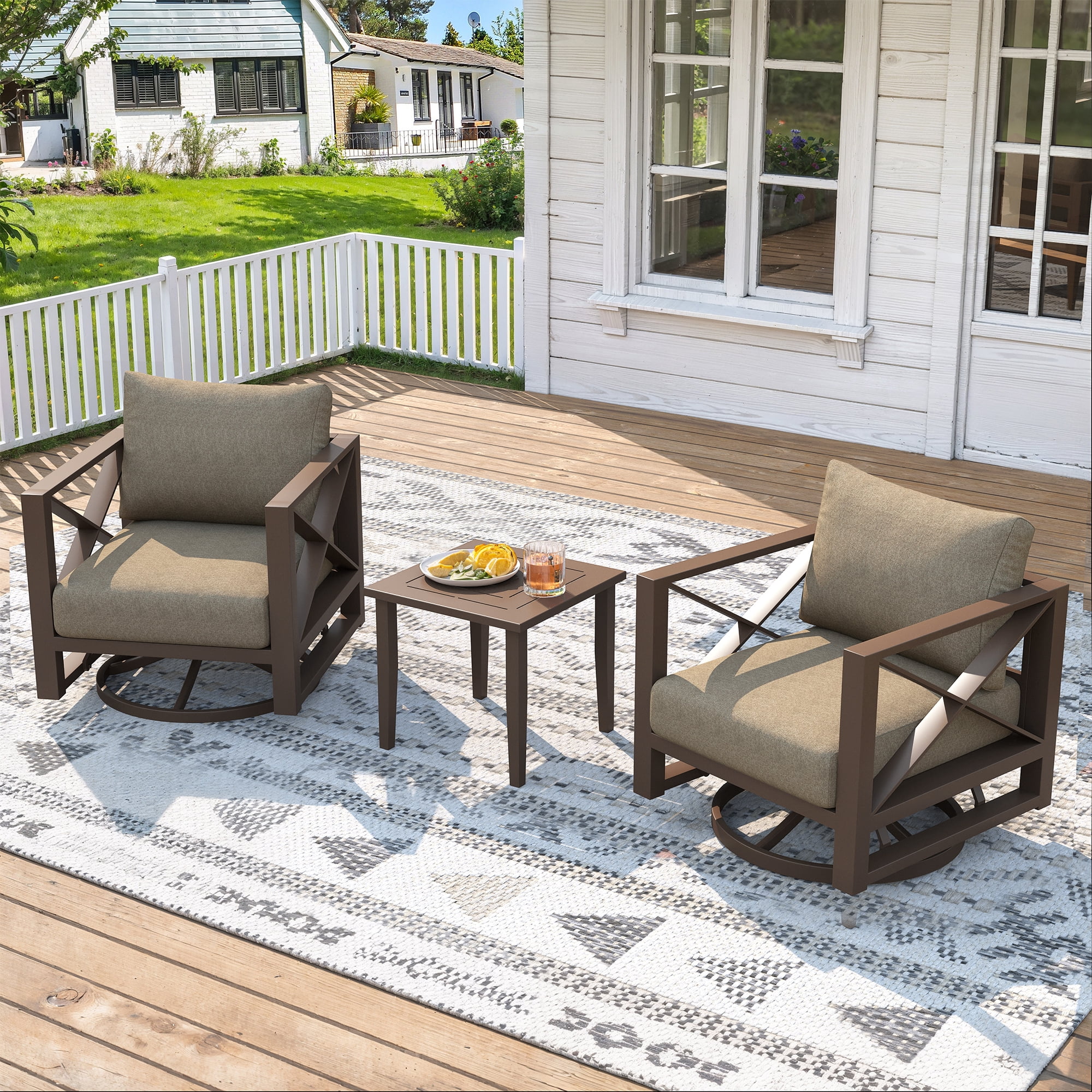3 Piece Outdoor Swivel Rocker Chair Set, 360° Swivel Rocking Patio Chairs with Side Table, Aluminum Frame, 5.2" Thick Cushions, 380 lbs Capacity for Porch, Deck, Backyard, Balcony