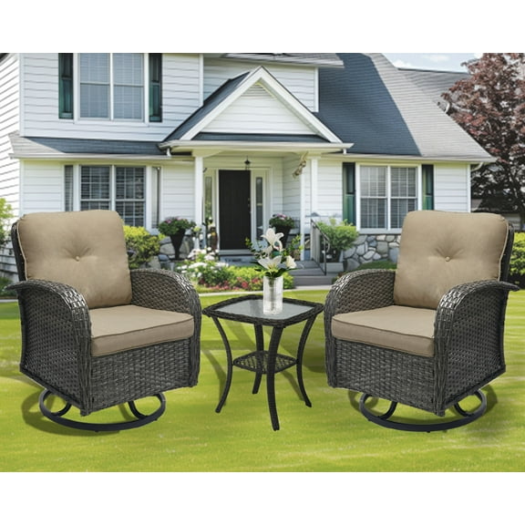 3 Piece Outdoor Swivel Rocker Chairs, Swivel Glider Patio Chairs, Heavy Duty Patio Chairs 400 lbs with Side Table, Brown