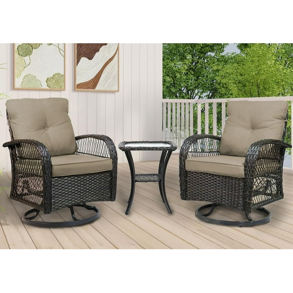 3 Piece Outdoor Swivel Rocker Chairs, Swivel Glider Patio Chairs, Heavy Duty Patio Chairs 400 lbs with Side Table, Brown