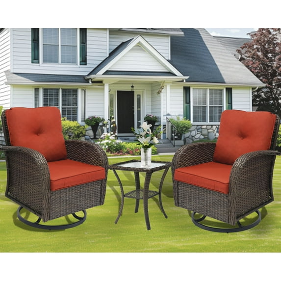 3 Piece Outdoor Swivel Rocker Chairs, Swivel Glider Patio Chairs, Heavy Duty Patio Chairs 400 lbs with Side Table, Red