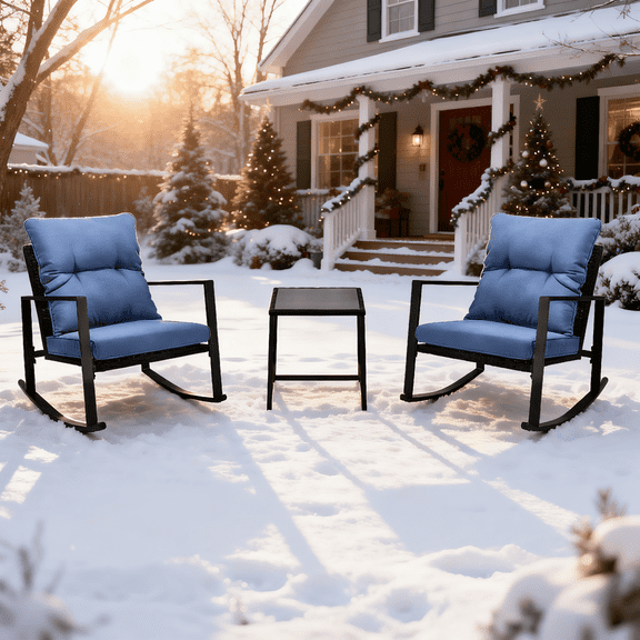 3 Piece Patio Furniture Set, Outdoor Wicker Chairs Set of 2, Bistro Set with Thickened Cushions for Porch Backyard Poolside, Blue