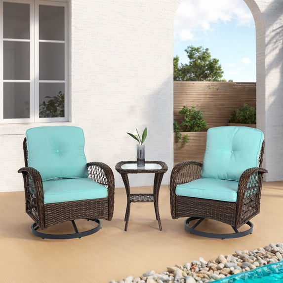 3 Piece Outdoor Swivel Rocking Bistro Set, Wicker Rattan Patio Furniture with 360-Degree Rotation Rocker Chairs and Glass Coffee Table for Garden, Backyard, Porch, Blue