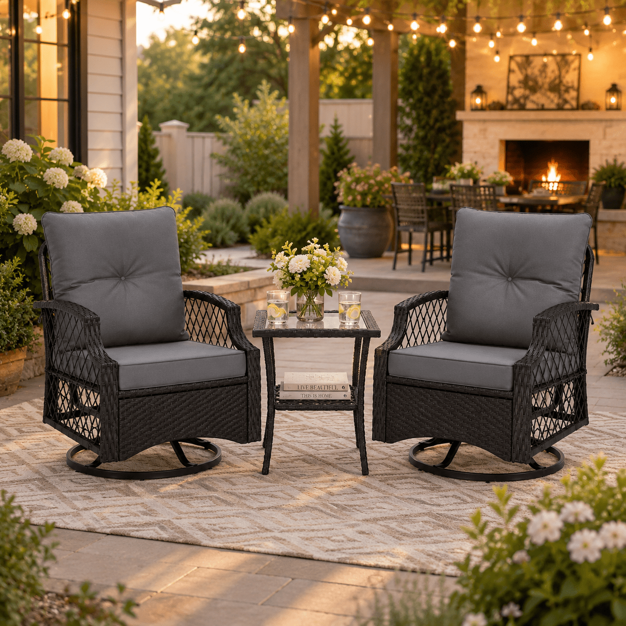 3-Piece Outdoor Swivel Rocking Chairs Set, Weather-Resistant Patio Furniture for Porch Backyard Poolside, with Coffee Table & Thick Cushions, Easy Assembly, Wicker 360° Swivel Rocker Bistro Set
