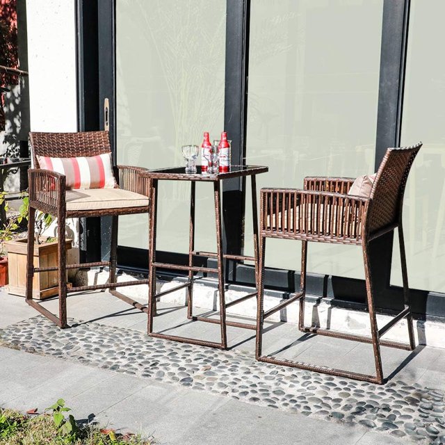 3Piece Outdoor Wicker Bar Height Table Set, 2 Bar Stools and 1 Pub