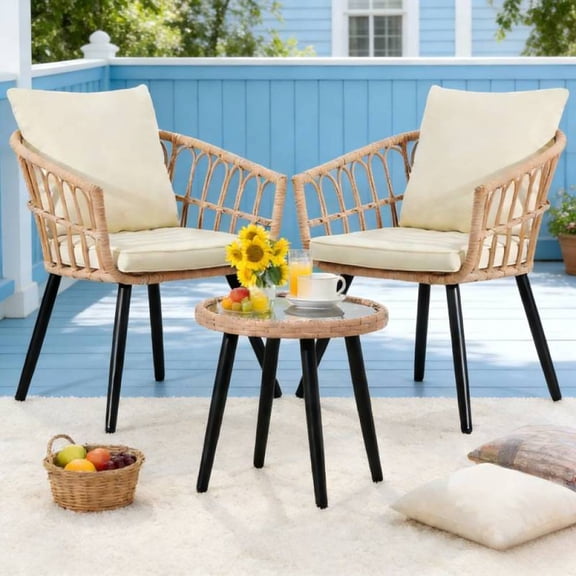 3-Piece Outdoor Wicker Bistro Set, Boho PE Rattan Patio Chairs and Table Set with Cushions for Balcony, Porch and Backyard, Beige