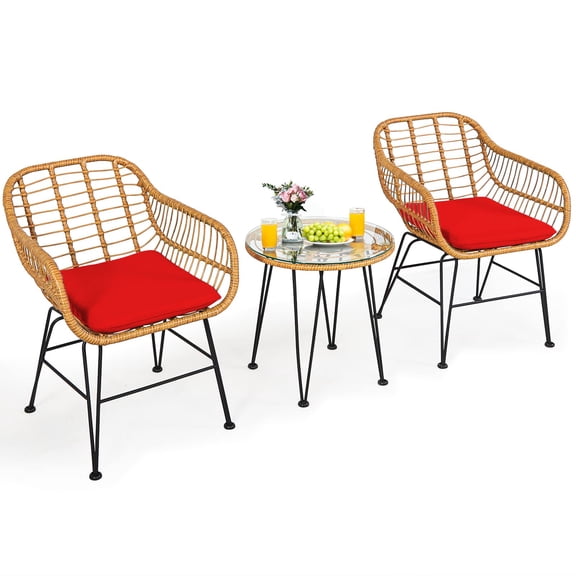 3-Piece Outdoor Wicker Bistro Set Brownish Yellow Rattan Frame Red Cushions Round Glass Table