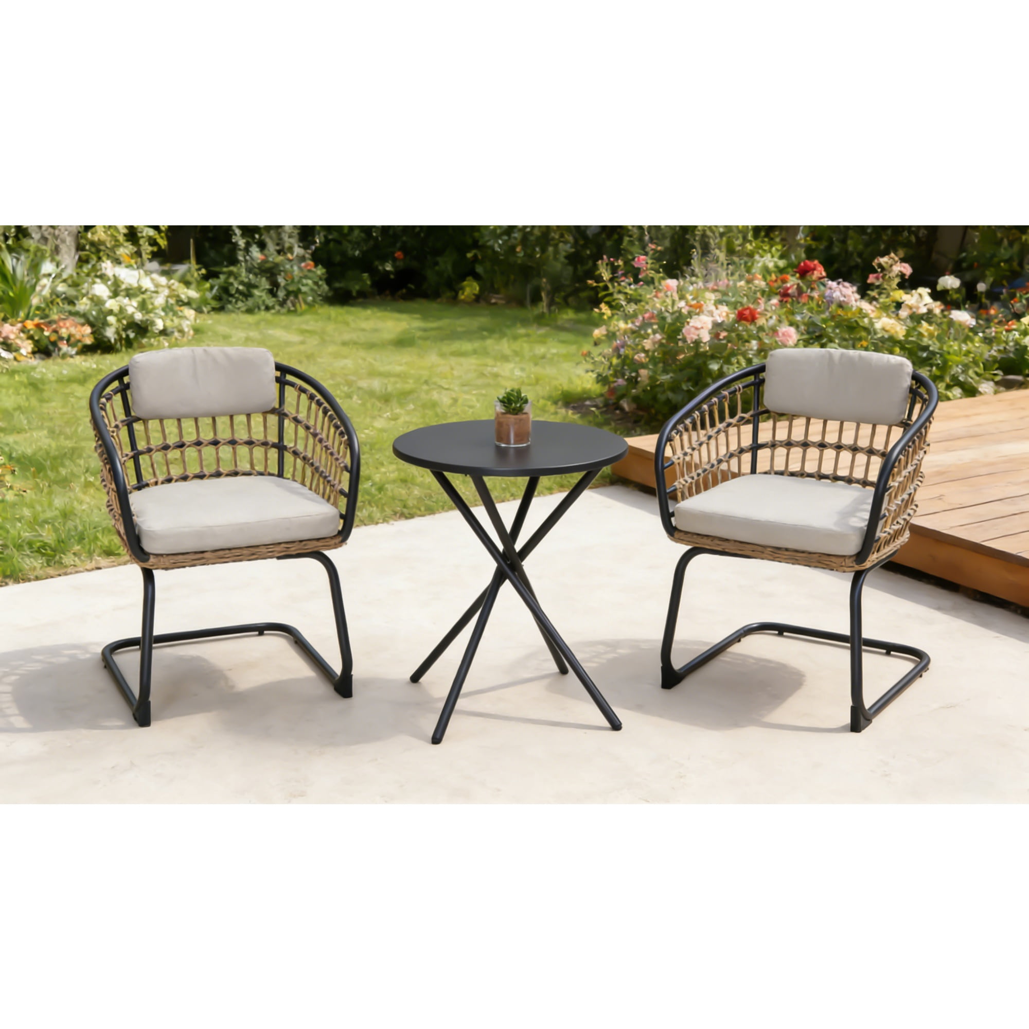 3-Piece Outdoor Wicker Bistro Set, Patio Dining Furniture Set with 2 Rattan Chairs & Table, Small Balcony Bistro Set for Garden, Backyard, Clear/Black/Yellow