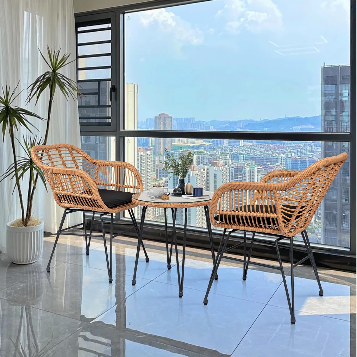 3 Piece Outdoor Wicker Conversation Bistro Set, All Weather Outdoor