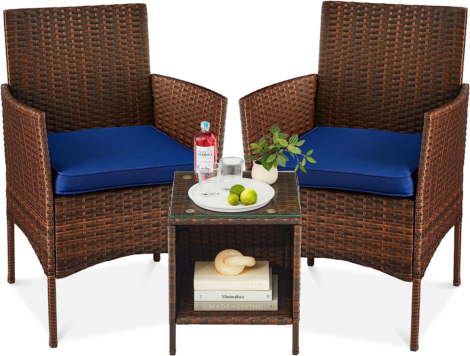 Brown and Navy 3-Piece Outdoor Wicker Patio Bistro Set