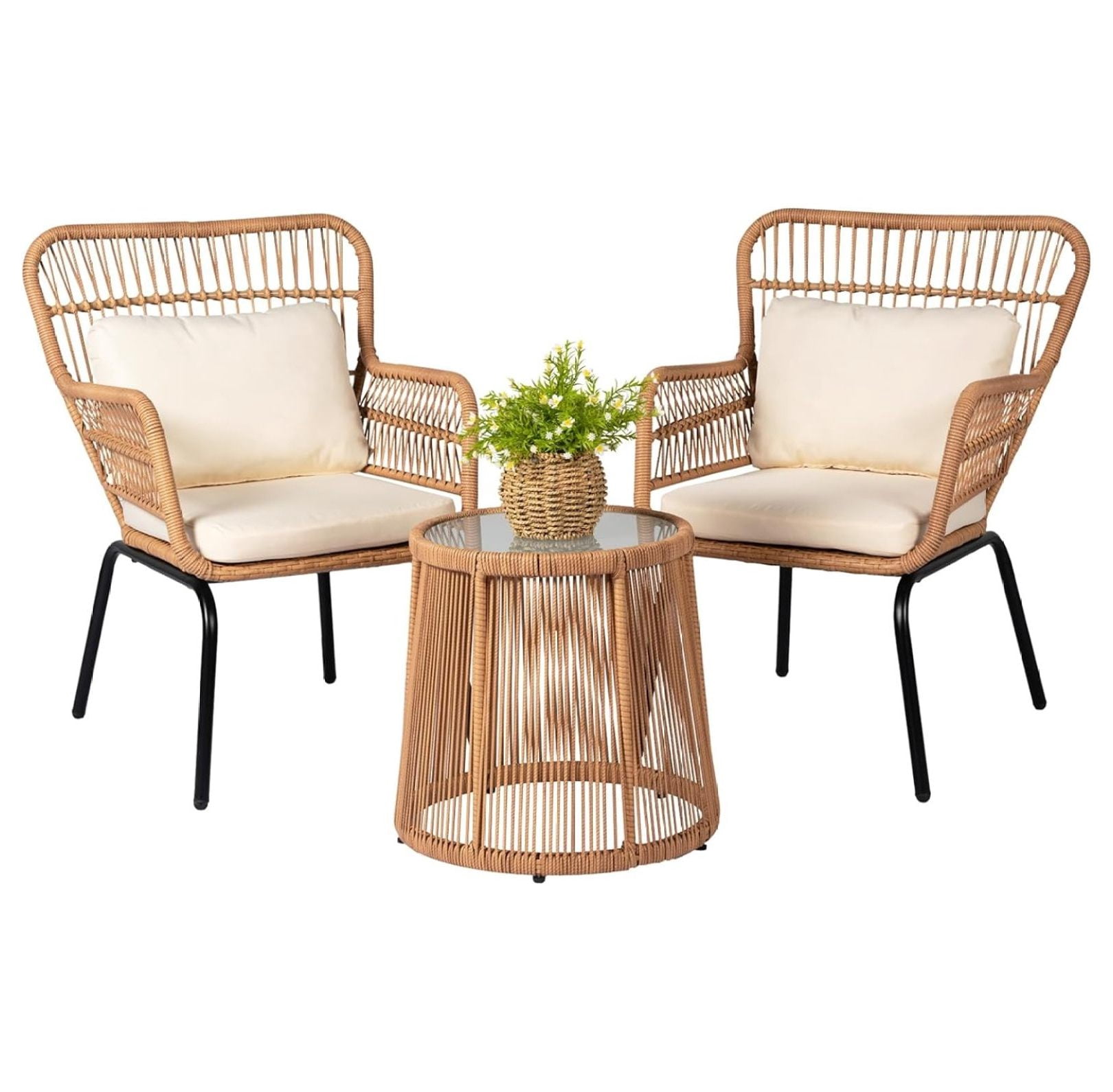 3 Piece Outdoor Wicker Furniture Bistro Set, Rattan Chairs Conversation ...