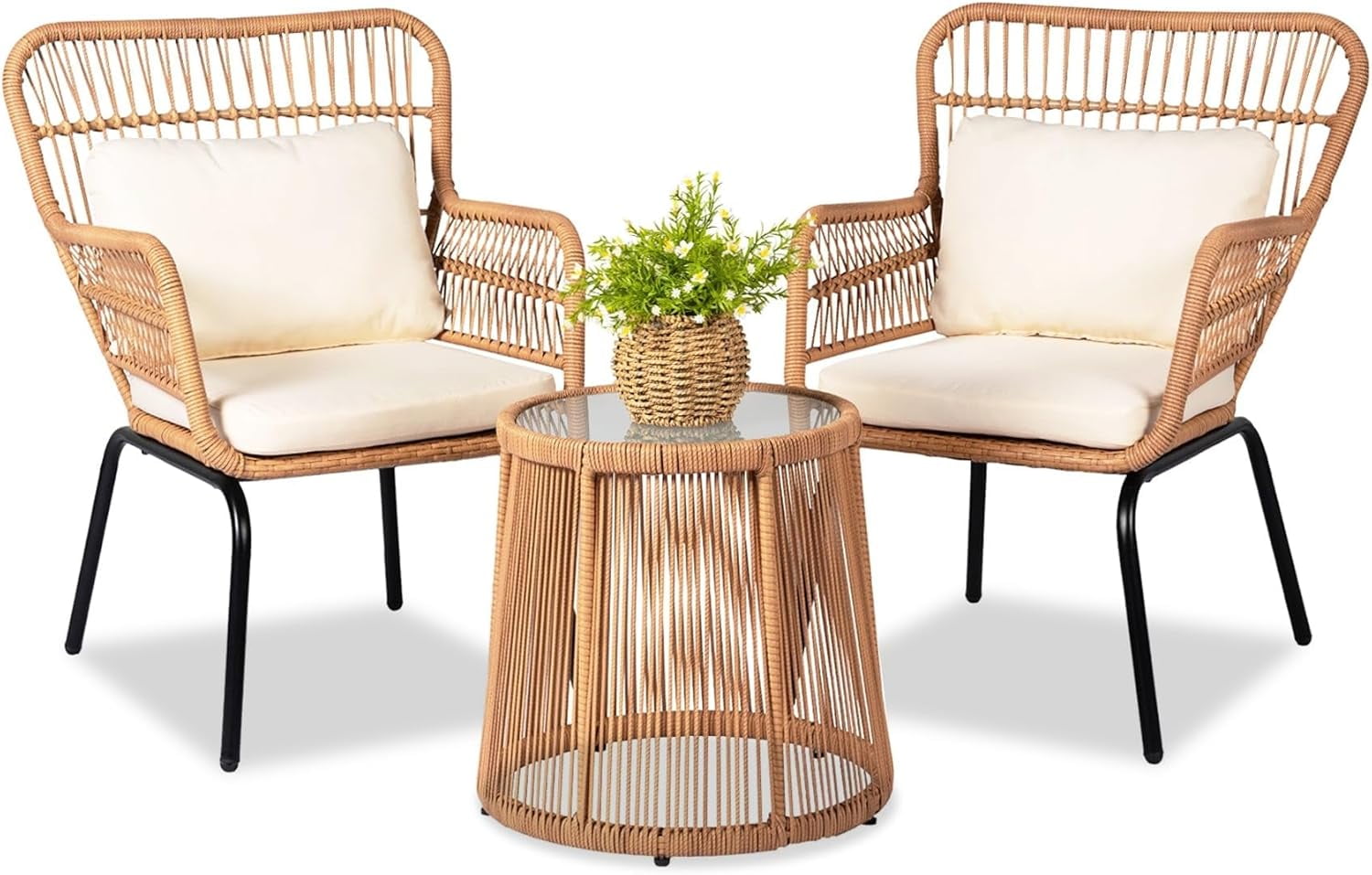3 Piece Outdoor Wicker Furniture Bistro Set, Rattan Chairs Conversation ...