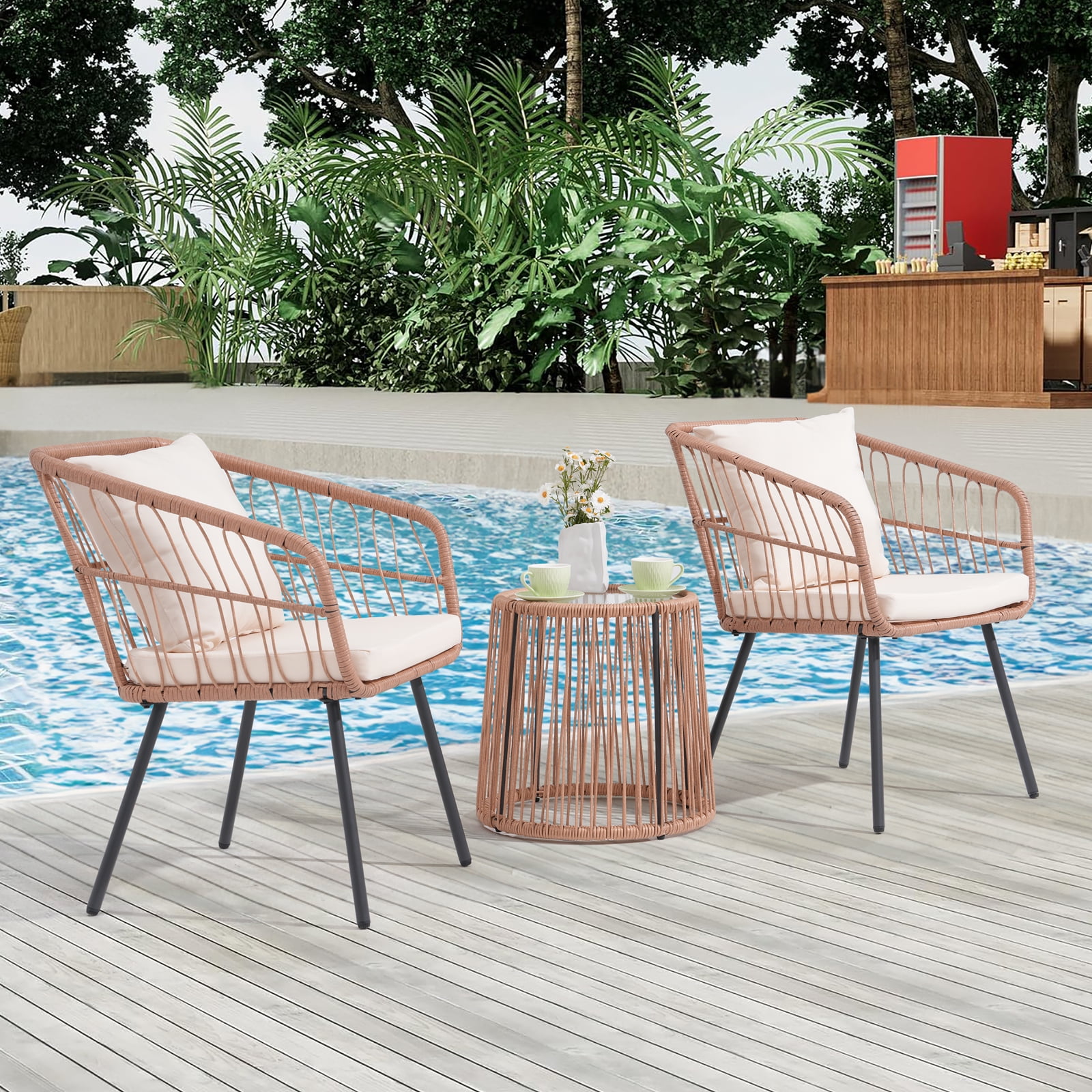 3 Piece Outdoor Wicker Furniture Patio Bistro Set, Rattan Conversation ...