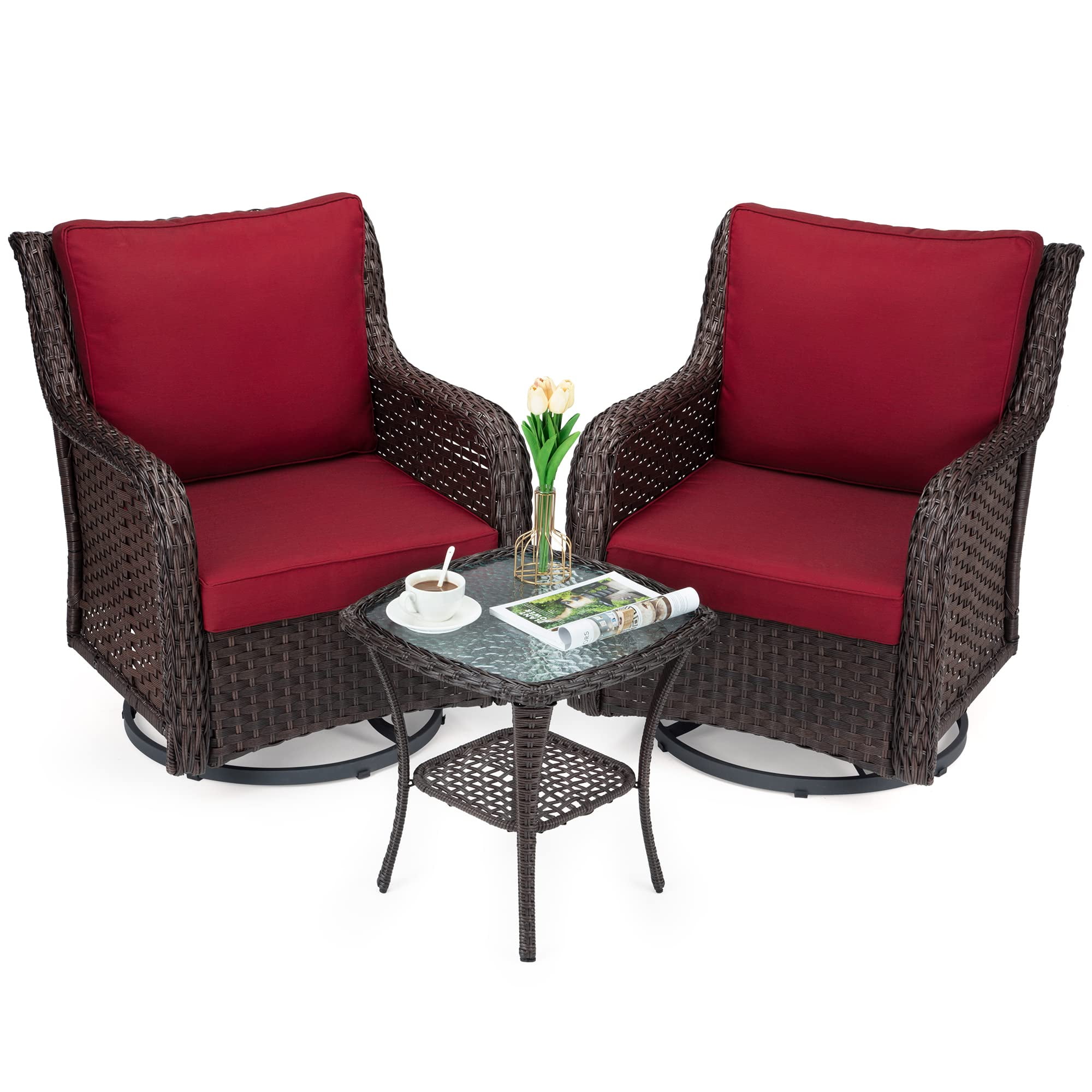 3 Piece Outdoor Wicker Patio Bistro Set,360 Degree Swivel Rocking Chair Patio Chair Patio
