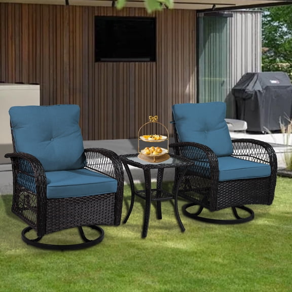 3 Piece Outdoor Wicker Patio Furniture Set, 2 Swivel Glider Rocking Chairs with Tempered Glass Side Table, All-Weather Rattan Bistro Set with Water-Resistant Cushions for Porch, Deck, Poolside, Blue