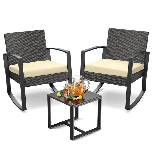 Noelse 3 Piece Outdoor Wicker Rocking Bistro Set with Glass Coffee Table and Cushion for Garden, Balcony,Backyard,Beige