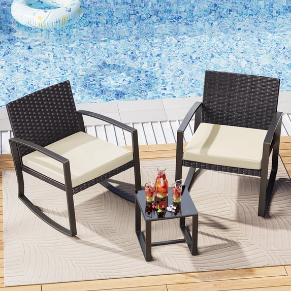 Noelse 3 Piece Wicker Rocking Chair Set, Outdoor Patio Furniture with Table and Cushions for Balcony, Beige