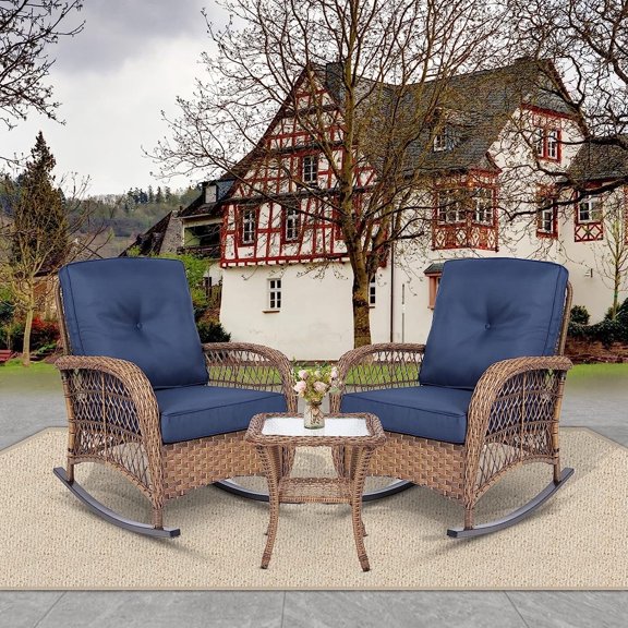 3-Piece Outdoor Wicker Rocking Chair Set, Patio Bistro Conversation Sets with Cushions and Glass-Top Coffee Table, Rattan Furniture Sets for Porch & Backyard, Navy Blue