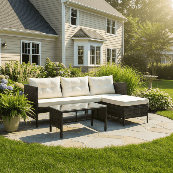 Outdoor 3 Piece Wicker Sectional Conversation Sets, All-Weather PE Rattan Furniture Sets with Removable Cushions & Tempered Glass Coffee Table for Living Room, Porch, Backyard, 300lbs, S1513