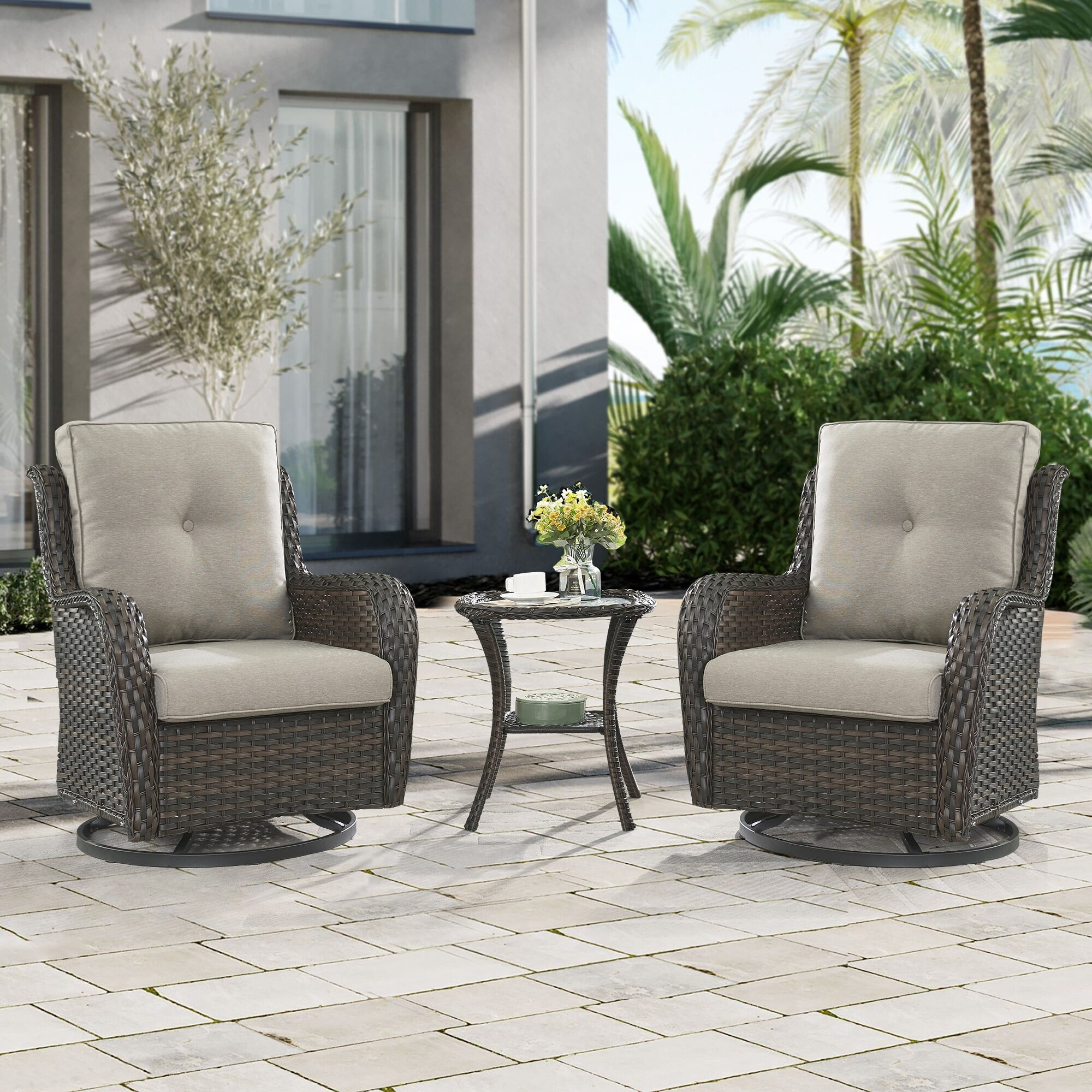 3 Piece Outdoor Wicker Swivel Rocker Patio Set with Cushion & Table