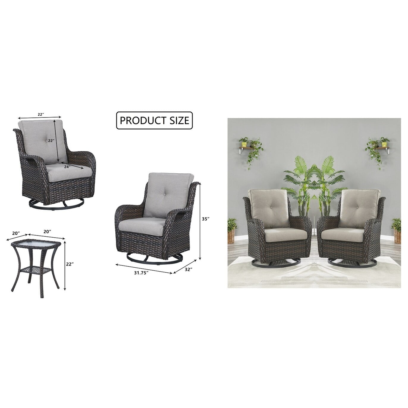 Brown and Grey Outdoor Wicker Swivel Rocker Set with Cushions